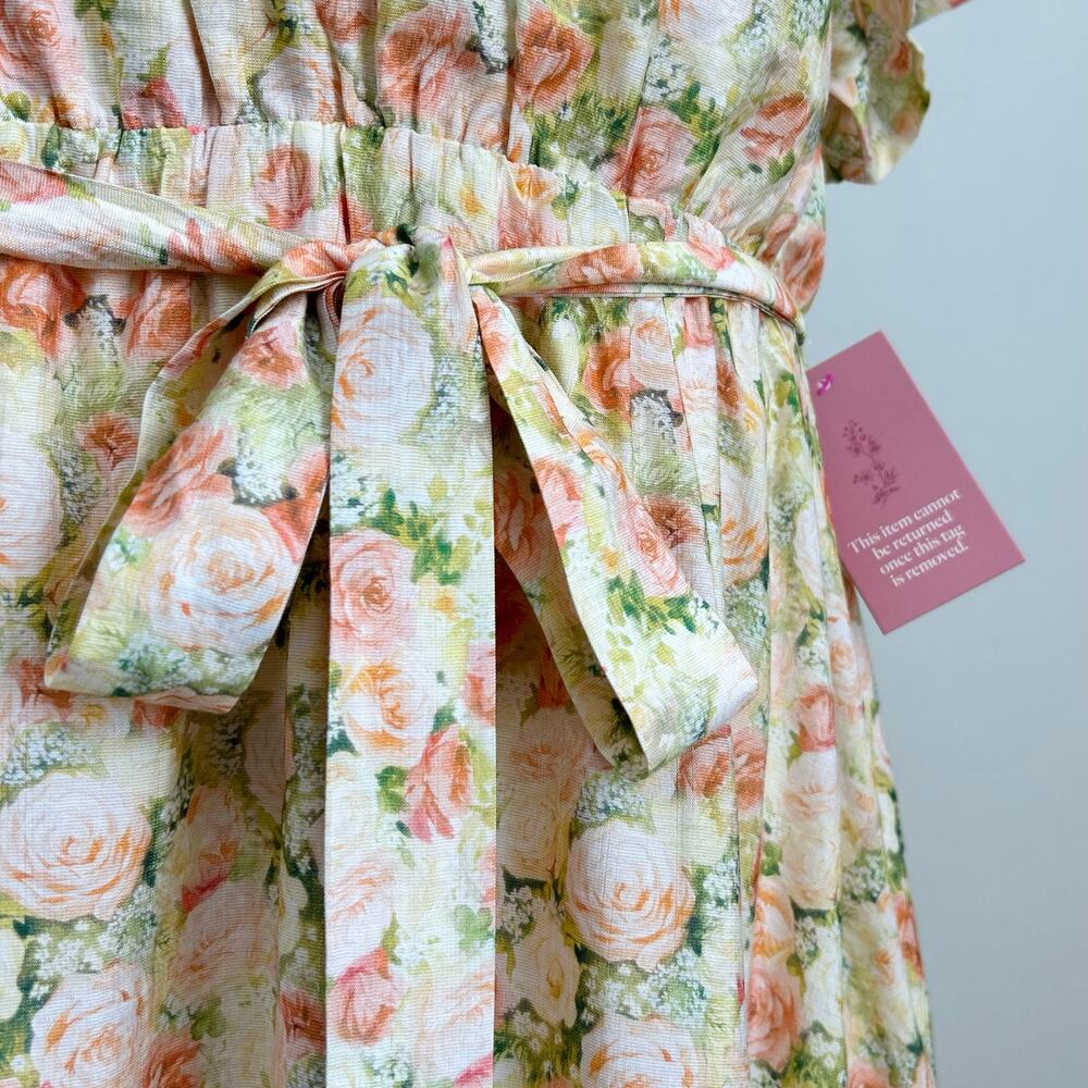 Ivy City Co. Yellow Pink Floral Rose Faux Wrap Short Sleeve Midi Lyra Dress NWT - Picture 7 of 13